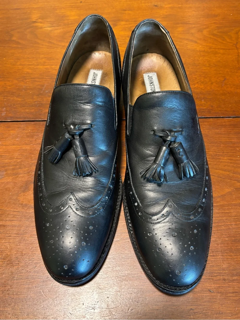 Johnston & Murphy Men’s Black Leather Tassel Slip On Dress Loafers Almond Toe